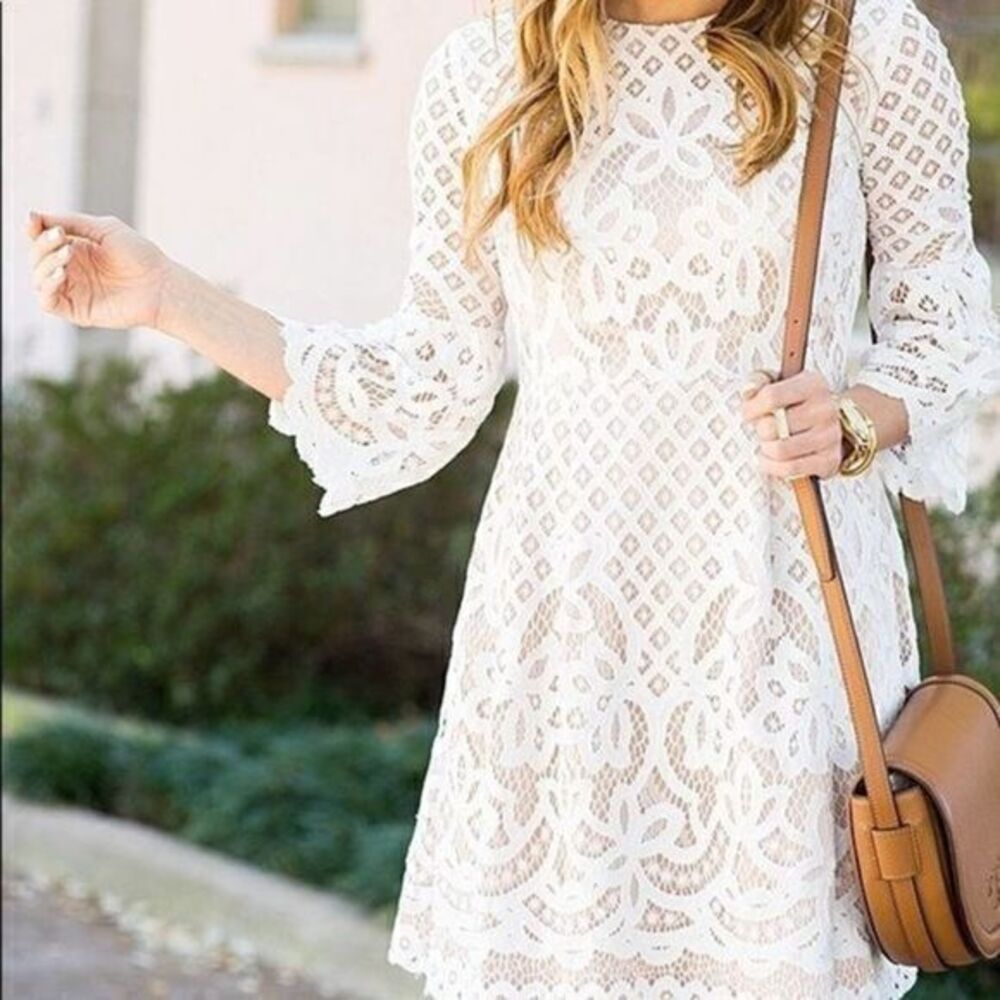 ABS lace white casual dress bell sleeve mini